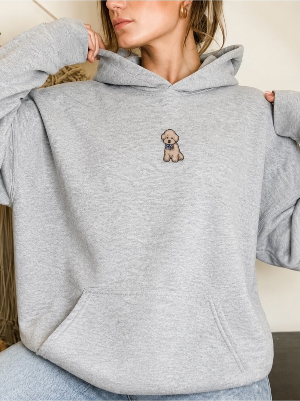 Hollister light heather grey hoodie with puppy graphic